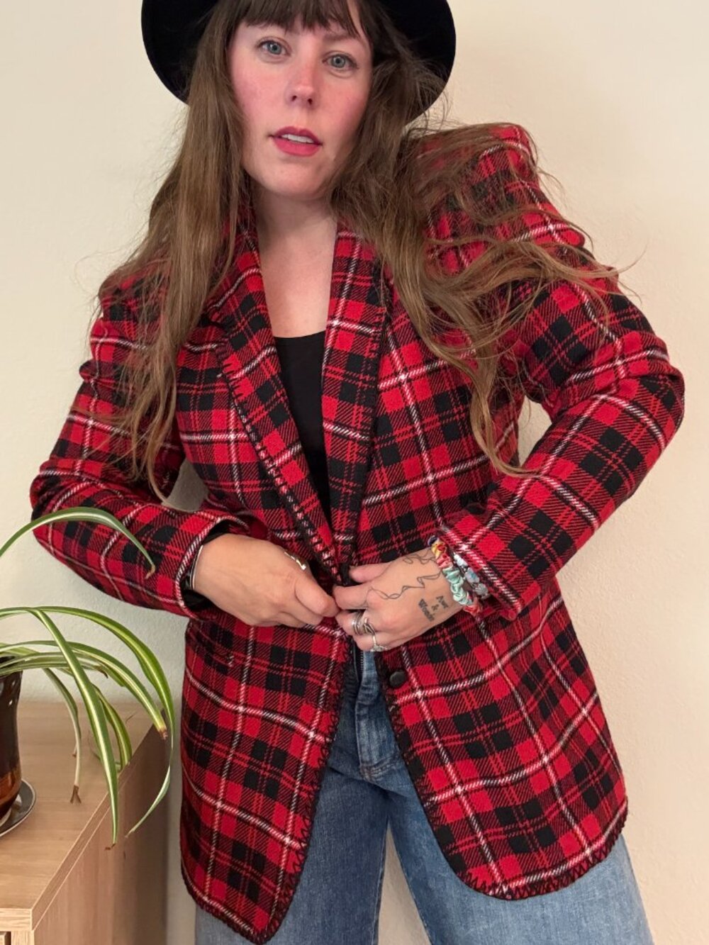 Vintage Plaid Check Red Black Blazer David Paul Wool Blend S/M